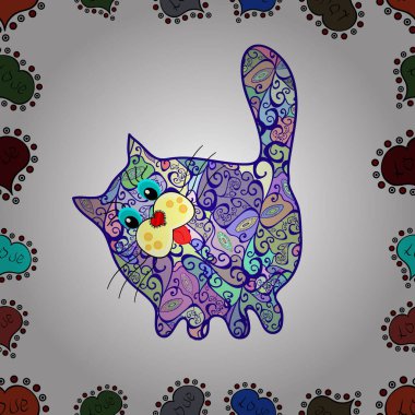 Tarafsız, beyaz ve mavi renkler üzerine taslak. Vektör çizimi. Tebrik kartları, düğün davetiyeleri, logo, kumaş baskısı için kullanılabilir. Sevimli Kedi Tasarımı Çizgifilminin kusursuz deseni.