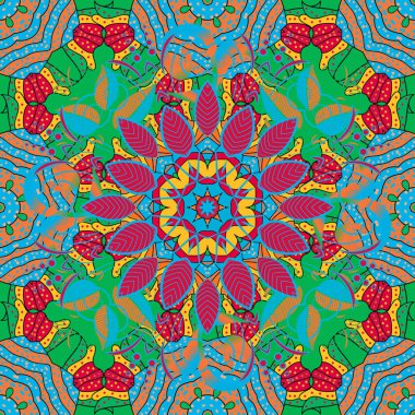 Vadinin çiçekleri turuncu, mavi ve yeşil renklerde. Vektörsüz çiçek deseni.