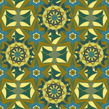 Tekstil, tebrik kartı, boyama kitabı, telefon kılıfı baskısı için kullanılabilir. Vektör etnik Mandala süsü. Kahverengi, mavi ve sarı renklerde kına dövmesi. Hint çiçekli şal desenli madalyon afişleri..