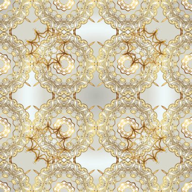 Altın rengi, kusursuz çizim. Vektör geometrik arkaplan. Bej ve gri renklerde altın çiçekli altın desenler. Tasarımın için, çizim.