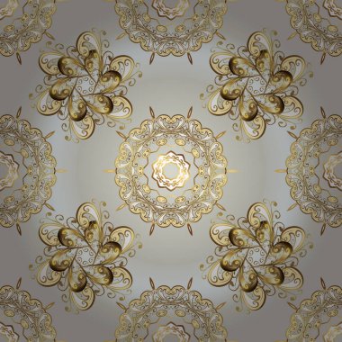 Vektör altın pürüzsüz desen. Düz elle çizilmiş klasik koleksiyon. Bej ve gri renklerdeki altın desenli altın elementler. Arkaplan, kumaş, altın çizim.