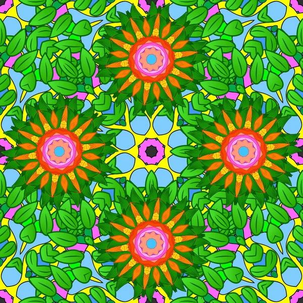 Bosquejo Flores Estilo Textil Lindo Colores Verde Azul Naranja Fondo — Vector de stock