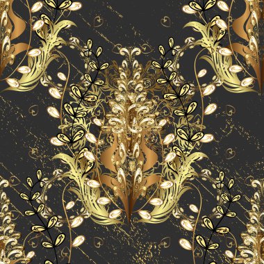 Vektör altın desen. Doğu tarzı arabesk. Altın elementli kahverengi ve gri renkler. Altın desenli bukleler.