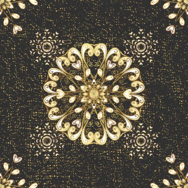 Vektör doğu süsü. Geleneksel klasik altın desen. Gri ve sarı renklerdeki altın desenli altın elementler. Barok tarzında doğulu süsü..