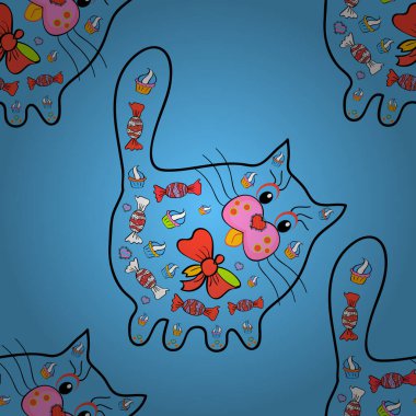 Mavi, siyah ve turuncu renklerde. Vektör. Boyama sayfası için kusursuz desenli kedi, gömlek tasarım efekti, logo, dövme ve dekorasyon. Kedi. Kağıt için sevimli arkaplan, kumaş tasarımı.