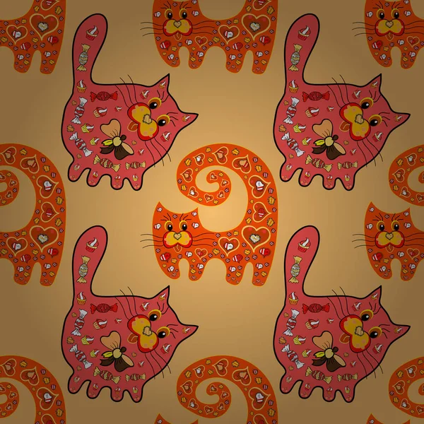ファブリック 繊維のための素晴らしい 印刷や招待状の背景 創造的な幼稚なベージュ オレンジとピンクのテクスチャ ピンク色に染まります 可愛いカラフルな子猫とシームレスなパターン ベクトル — ストックベクタ