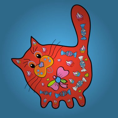 Kedi karalaması zentangle stili, serbest kalem, el çizimi, çizim. Süslen. Vektör. Zen sanatı. Davetiye, kart ve parmak izi için basit bir kadınsı taslak. Mavi ve turuncu renkli tasarım.