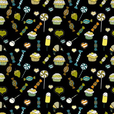 Elle çizilmiş renksiz, kapkekler ve siyah, sarı ve beyaz üzerine şirin bir arka plan. Şekerleme tasarımı. Vektör illüstrasyonu.