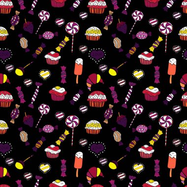 Siyah, mor ve beyaz arka planda kusursuz kek deseni. Paket kağıdı. Vektör illüstrasyonu.