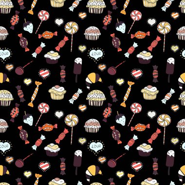 Siyah, beyaz ve nötr üzerinde parlak doğum günü deseni. Keklerle suluboya kusursuz desen. Vektör. Paket kağıdı.