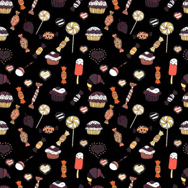Kusursuz desen. Kusursuz arka plan kekleri. Vektör çizimi. Suluboya çizimi. Siyah, kahverengi ve beyaz hakkında güzel bir doğum günü geçmişi var. Kek, makarna, kurabiye..