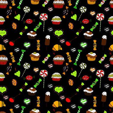 Vektör. Yemek afişi tasarımı için. Pasta tatlısı, pürüzsüz desen. Siyah, beyaz ve yeşilde güzel bir doğum günü deseni.