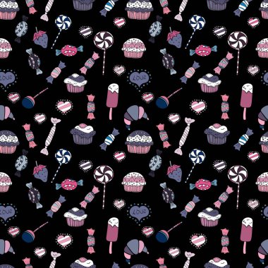 Vektör çizimi. Renkli ve farklı kekler. Ortada siyah, beyaz ve pembe izole edilmiş tatlı saatler yazılı..