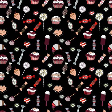 Siyah, beyaz ve gri renkli yemek posterleri için. Vektör çizimi. Paket kağıdı. Kekle kusursuz..