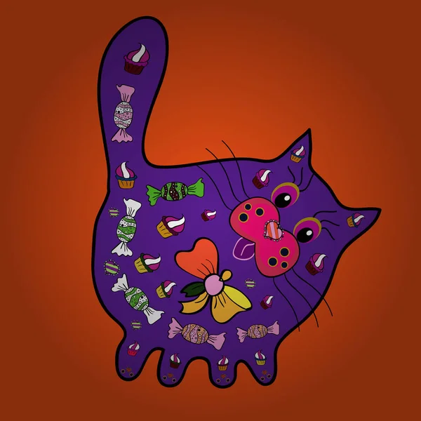 卡通动物背景 理想的面料包装 时尚猫素描图案 用黑色 橙色和紫罗兰色作画 涂鸦猫咪Doodle Kitty 小猫咪图片 素描风格 — 图库矢量图片
