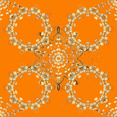 Çiçek süsü kumaş deseni, cam, turuncu çiçekli metal ve altın elementli bej rengi. Klasik, altın, pürüzsüz model..