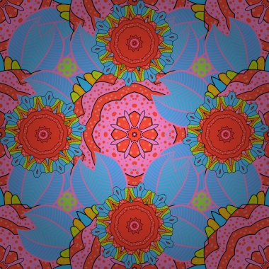 Vektör hisseleri. Pembe, mavi ve turuncu üzerine çiçekler. Kusursuz bir arka plan modeli. Suluboya, elle çizilmiş.