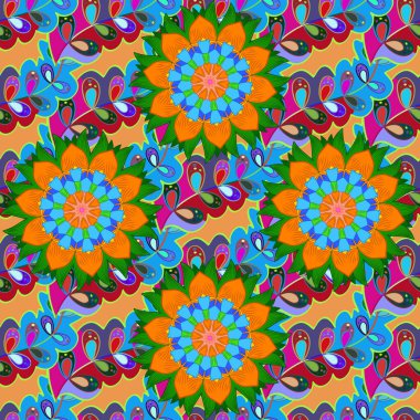 Vektör çizimi. Düz Çiçek Elementleri Tasarımı. Zentangle soyut çiçekleri. Renkli Bahar Temalı Kusursuz Arkaplan. Güzel kumaş deseni. Çiçek tozu..