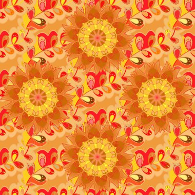 Vektör Mandala. Bej, turuncu ve sarı renklerde renkli yuvarlak süs deseni.