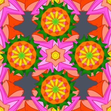 Turuncu, pembe ve yeşil renkli çiçekler. Vektör illüstrasyonunda kusursuz çiçek deseni.