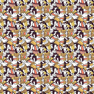 Sarı, siyah ve beyaz üzerinde şirin bir doğum günü deseni. Vektör çizimi. Vektör kek illüstrasyonu. El çizimi kekler. Kremalı kek..