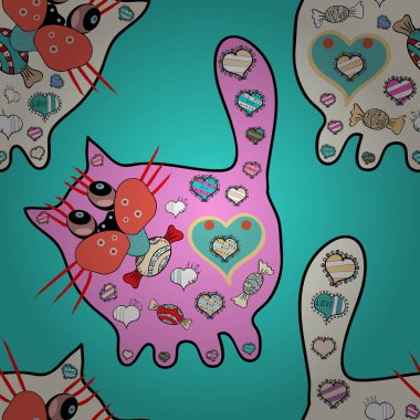 Pembe, mavi ve nötr renklerde tasarlandı. Kusursuz. Herhangi bir tasarım projesi için. Sevimli çizgi film. Vektör. Uykucu Kedi Evcil Hayvan Simgeleri ve Döşemeli Arkaplan. Erkekler, kızlar, kıyafetler, çizimler için soyut bir model.