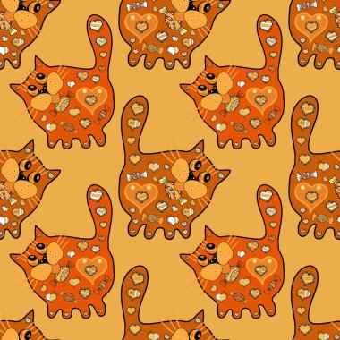 Sarı, turuncu ve siyah renklerde iz var. Kusursuz desen. Fantezi sevimli illüstrasyon. Vektör çizimi. Karala, karala, karala. Kedi bir şeye bakıyor ve rengin üzerinde oturuyor.