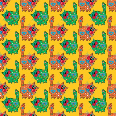 Sarı, yeşil ve turuncu versirenler üzerine bir resim. Kusursuz. Kedi bir şeye bakıyor ve rengin üzerinde oturuyor. Vektör. Karala, karala, karala. Kumaş, kağıt, ambalaj için uygun.