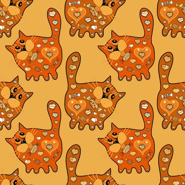 オレンジ 黒の色を追跡します シームレスなパターン ファンタジーかわいいイラスト ベクトルイラスト 落書き スケッチ 猫は何かを見て色に座って — ストックベクタ
