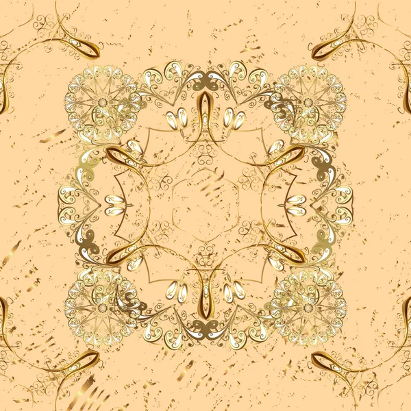 ベージュのヴィンテージシームレスなパターンと黄金の要素と茶色の色 クリスマス2019 雪の結晶 — ストックベクタ