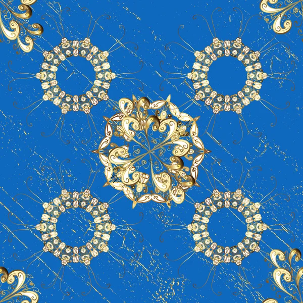 金のトリムで青とベージュの背景 フィールドの小さな深さ 豪華な家具 黄金の要素と青とベージュの色のパターン シームレスな要素木彫り 古典様式の家具 — ストックベクタ