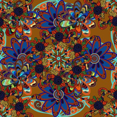 Turuncu, mavi ve kahverengi renkte çiçekler. Düz Çiçek Elementleri Tasarımı. Renkli Yaz Temalı Kusursuz Arkaplan. Çiçekli pürüzsüz retro desen.