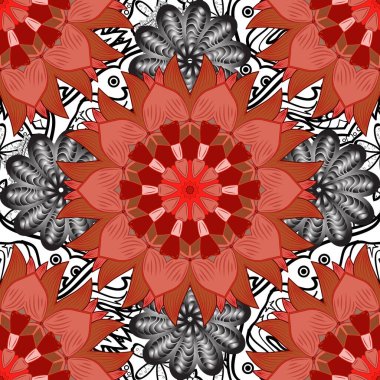 Nazik, sevimli çiçek arkaplanı. Çiçekler gri, kırmızı ve turuncu renklerde. Çiçekli karalama şeklinde vektör deseni.