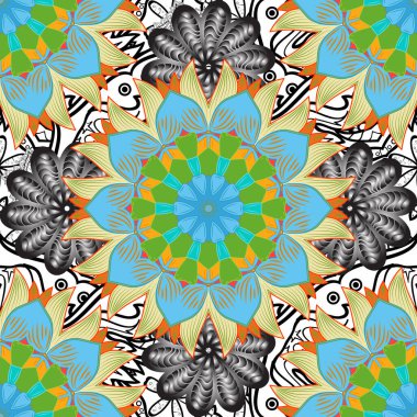 Nazik romantik baskı. Bahar mevsimi. Tatil havası. Vektörsüz şirin çiçek deseni. Çiçekler gri, mavi ve yeşil renklerde.