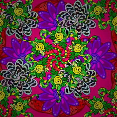 Yapraklı çiçekler ve morumsu çiçekli papatya çiçekleri, yeşil ve mor renkler. Vektör - stok. Kusursuz arkaplan deseni.