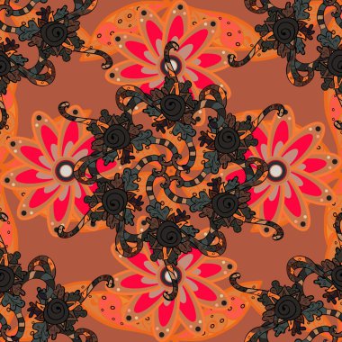 Vektör illüstrasyonunda kusursuz çiçek deseni. Gri, siyah ve turuncu renkte çiçekler.