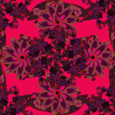 Vektör çizimi. Mor, morumsu ve kahverengi renklerde bahar çiçekleri. Çiçekli karalama şeklinde vektör deseni.