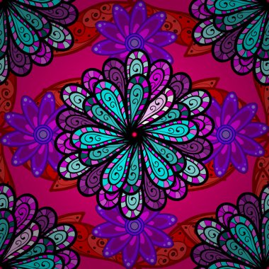 Vektör çizimi. Şirin karalama çiçekleri olan kusursuz çiçek desenleri. El yapımı çiçek ve bitki koleksiyonu. Eskiz tarzı siyah, mavi ve morumsu renklerde. Vektör illüstrasyonu.