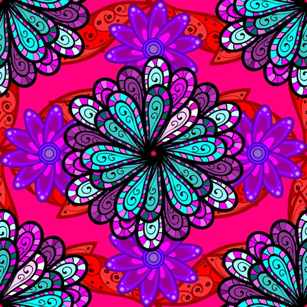 Flat Flower Elements Design. Nice flower vector pattern. Flowers on blue, magenta and black colors. Colour Spring Theme seamless pattern Background.