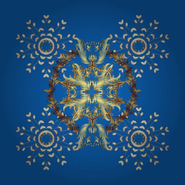 Çiçek desenli altın metal. Vektör altın çiçek süsü brokar kumaş ve cam desenli. Kusursuz altın desen. Altın elementli kahverengi ve mavi renkler.