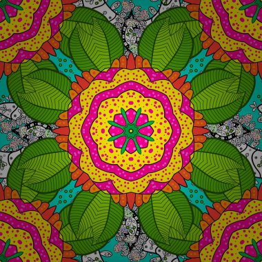 Karalamalar. Kartlar, davetiyeler, tarih kartları ve daha fazlası için kullanılabilir. Kusursuz dekoratif arka plan. Mor, yeşil ve sarı renklerde. Vektör illüstrasyonu.