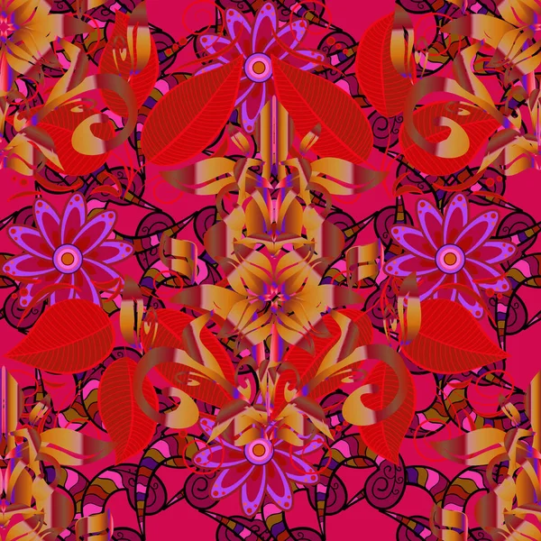 Handgezeichnet Nahtloses Blumenmuster Volkstümlichen Stil Mit Blumen Blättern Vektorillustration — Stockvektor