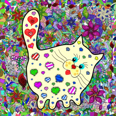 Şirin kız kedilerle kusursuz çocuksu bir düzen. Bej, mavi ve yeşil renkli bir resim. Yaratıcı çocuklar kumaş, ambalaj, tekstil, eskiz ve giysi için el yapımı kumaş. Vektör.