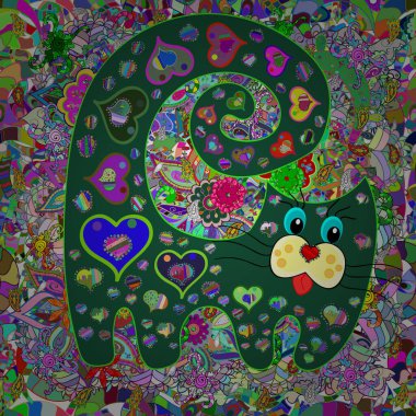 Kusursuz desen. Vektör çizimi. Harfli şirin kedi yavrularının resimleri. Mavi, yeşil ve nötr renkler. Yüzey dokuları, çizimler, web sayfası arkaplanları ve tekstil için mükemmel..