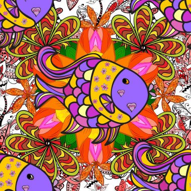 Vektör çizimi. Gri, sarı ve mor renkli balıklar. Şirin balık çizgi film koleksiyonu. Kusursuz..