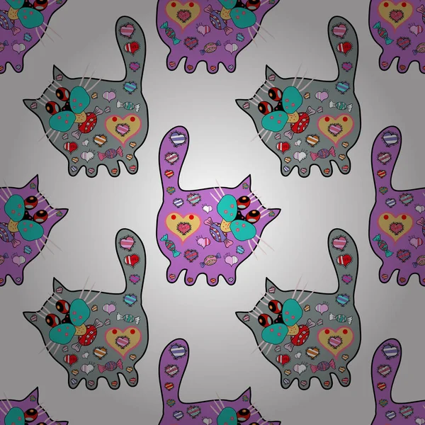 Cute background for design of fabric, paper, wrappers and sketch. Village pattern for textile and fabric. Vector. Illustration at gray, violet and white colours. Seamless nice cats colorful.