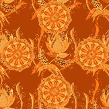 Yaprakları, çiçekleri, eğreltiotu ve dalları olan parlak turkuazsız desen. Kusursuz renkli bir desen. Turuncu, sarı ve bej rengi. Vektör illüstrasyonu.