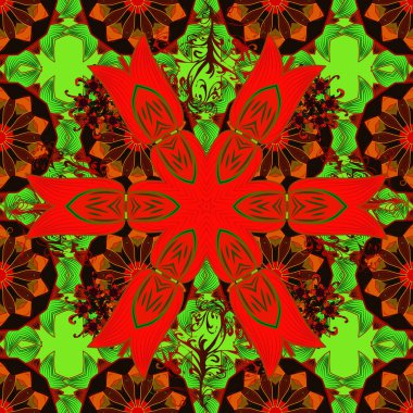 Tişörtsüz arka plan deseni. Tropik çiçekler. Yeşil, kahverengi ve kırmızı renkte çiçekler.