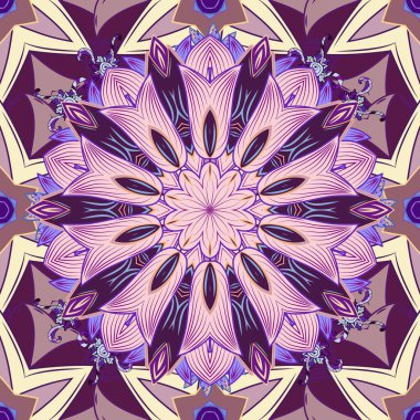Tarafsız, mor ve bej renkler. Yetişkinler için Mandala çiçek boyama kitabı. Vektör illüstrasyonu. Yetişkinler için stres önleyici boya. Dantelsiz desen. Zentangle tarzı.