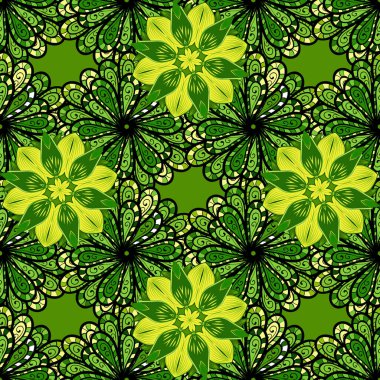 Kusursuz desen Vektör illüstrasyonunda farklı dallar ve yapraklar yeşil, siyah ve sarı arkaplan.